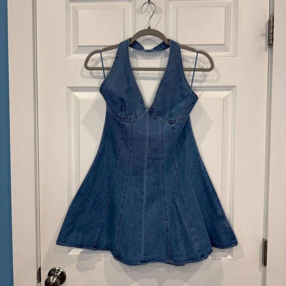 Altar'd State Light Wash Denim Halter Mini Dress Size Small - Picture 2 of 7